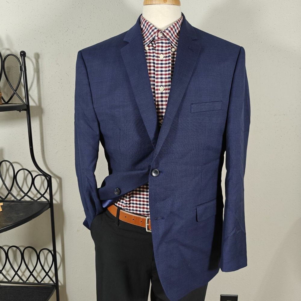 Perry Ellis Men's Sport Coat Blazer Two Button‎ Navy Blue Wool Poly Slim Fit 46L